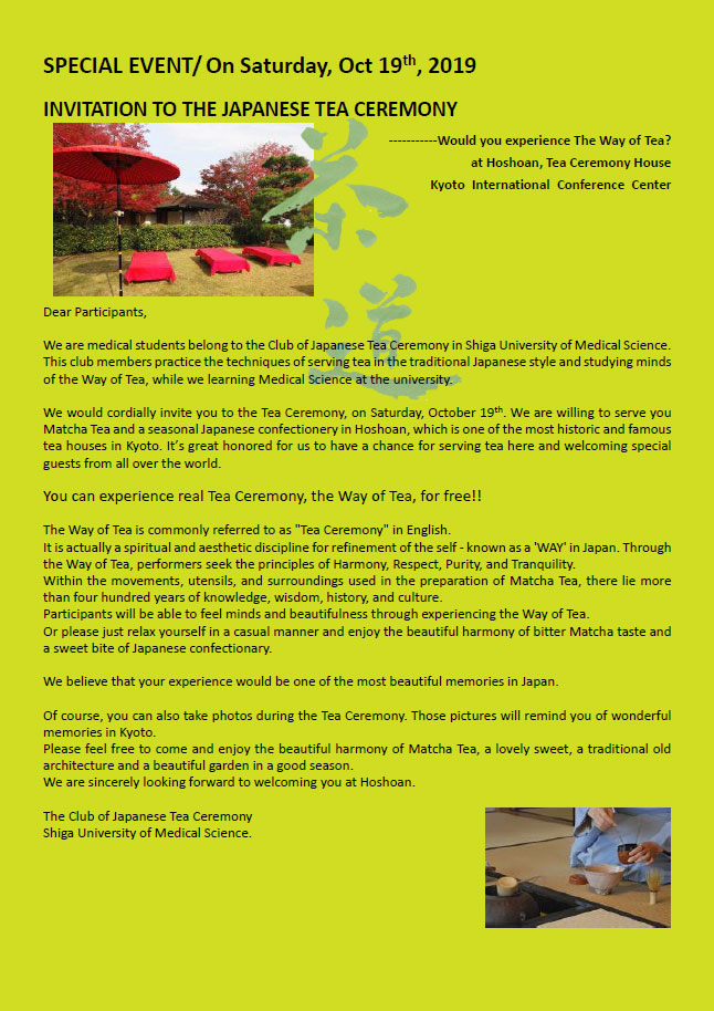 SPECIAL EVENT/ On Saturday, Oct 19th, 2019 INVITATION TO THE JAPANESE TEA CEREMONY